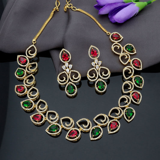 Zirconia Gold Polish Ruby And Emerald Necklace Set