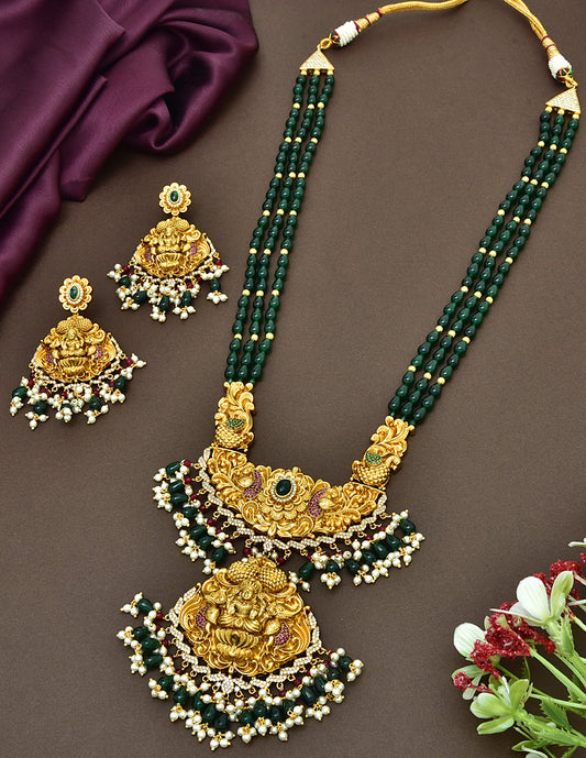 Lakshmi Pendant 3 Layered Green Beads Long Haaram