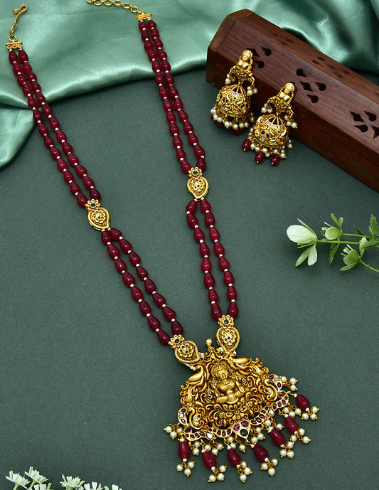 Designer Lakshmi Devi Pendant with 2 Layered Beads Long Haaram