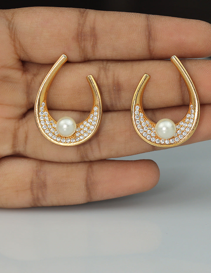 Designer Crescent Pearl Sparkle Stud Earrings