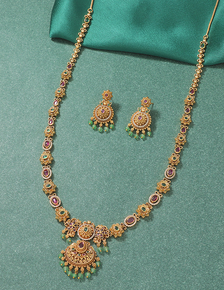 Designer Regal Temple Heritage Kempu Necklace Set