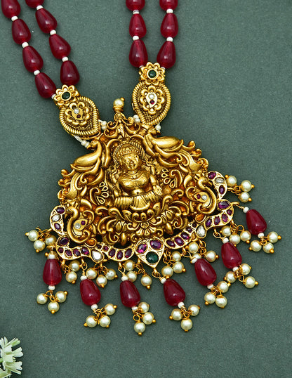Designer Lakshmi Devi Pendant with 2 Layered Beads Long Haaram