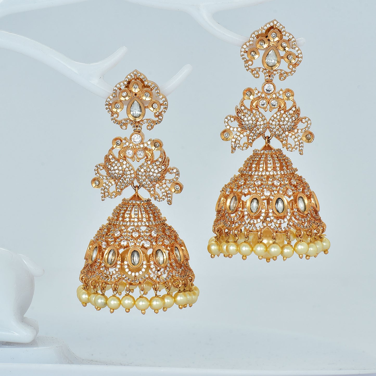 Zirconia Peacock Pattern Gold Polish Jhumka Earrings