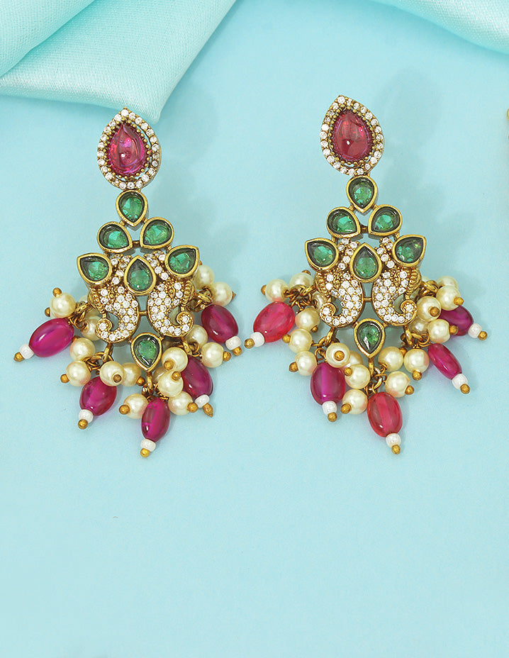 Designer Zirconia Royal Ruby and Emerald Beads Necklace Set