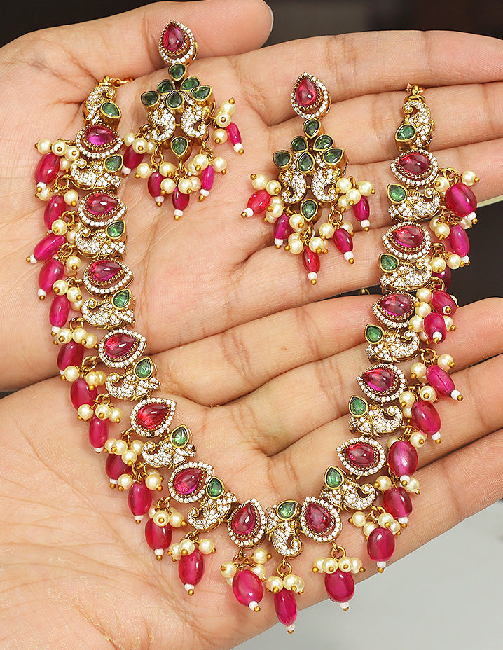 Designer Zirconia Royal Ruby and Emerald Beads Necklace Set