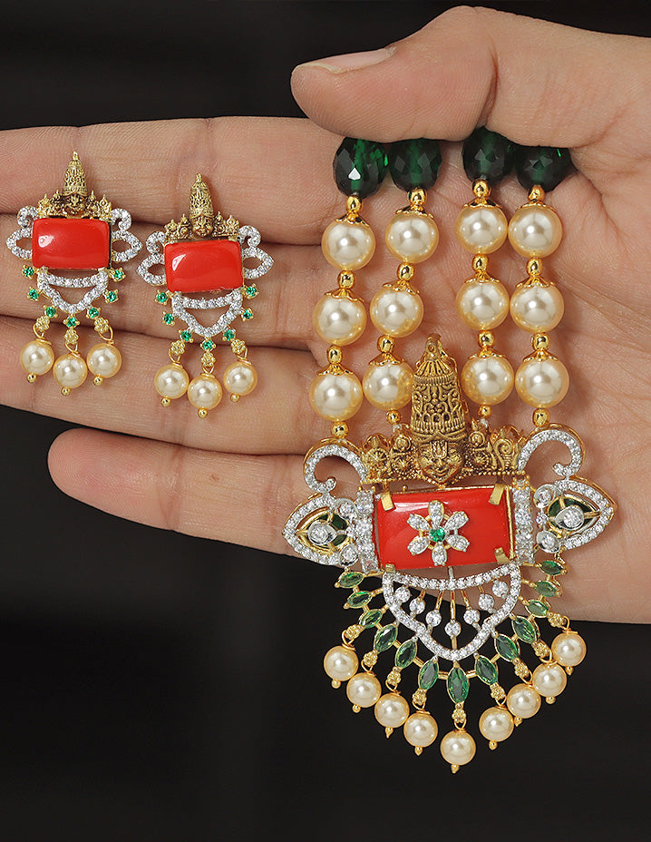 Designer Zirconia Divine Coral Lakshmi Beads Mala