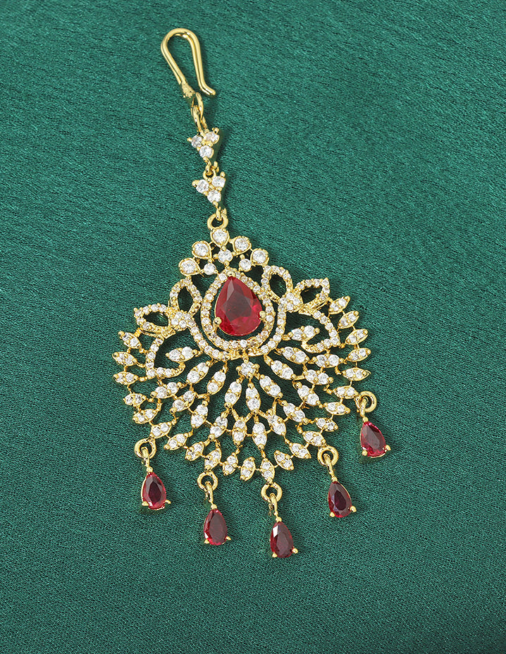Designer Gold Polish Zirconia Ruby Radiance Maang Tikka