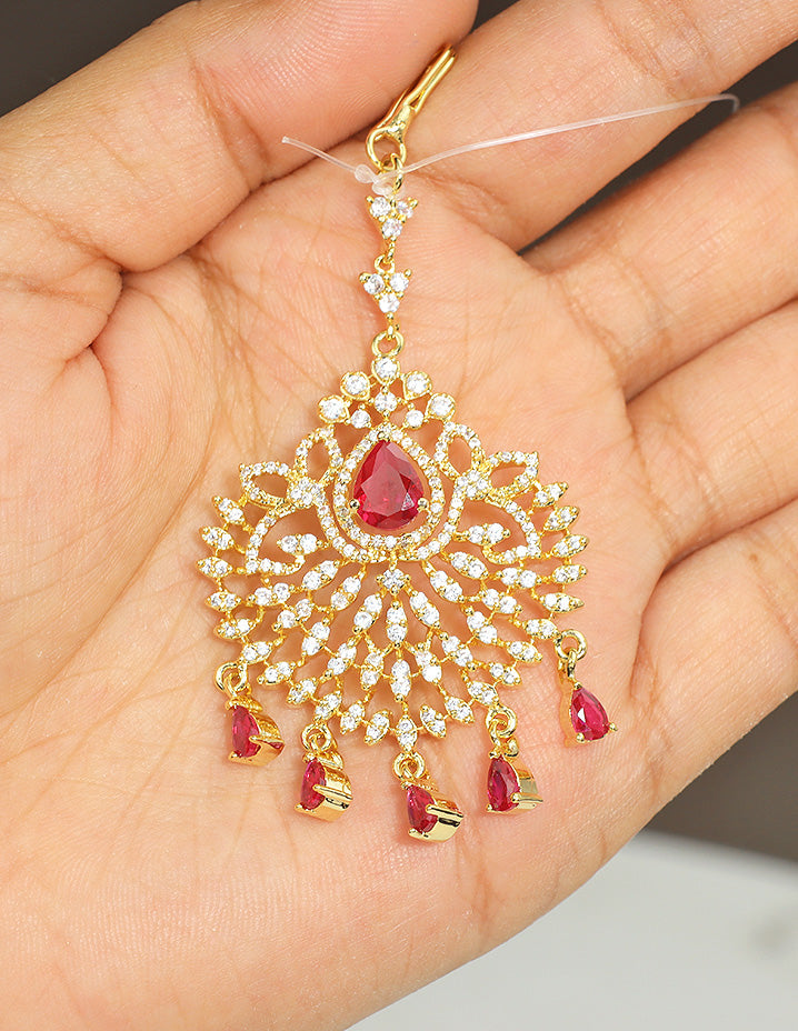 Designer Gold Polish Zirconia Ruby Radiance Maang Tikka