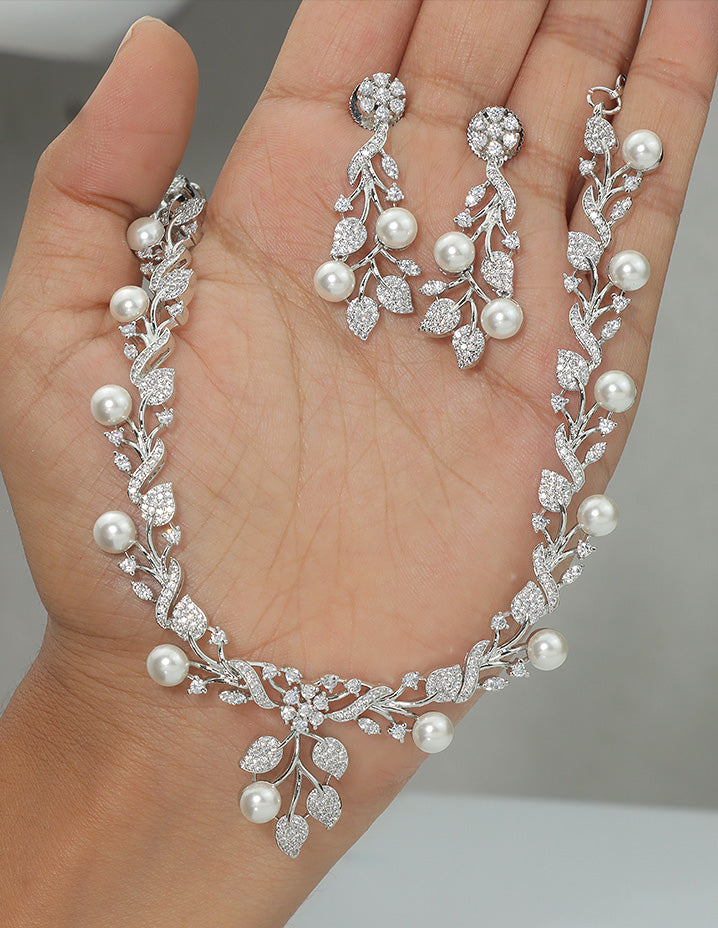 Designer Zirconia Pearl Ivy Elegance Necklace Set