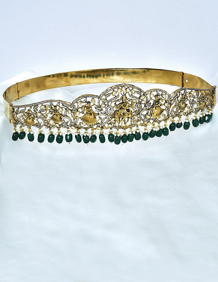 Zirconia Victorian RadhaKrishna Belt Vaddanam With Green Beads