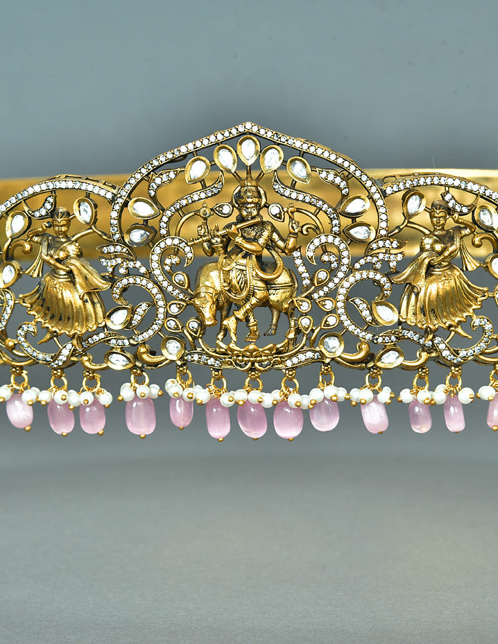 Zirconia Victorian RadhaKrishna Belt Vaddanam With Baby Pink Beads