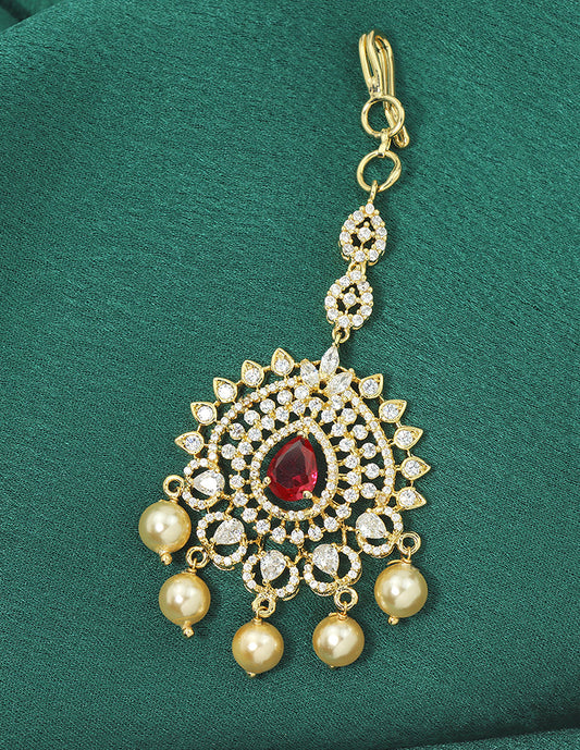 Designer Gold Polish Zirconia Pearl Maang Tikka