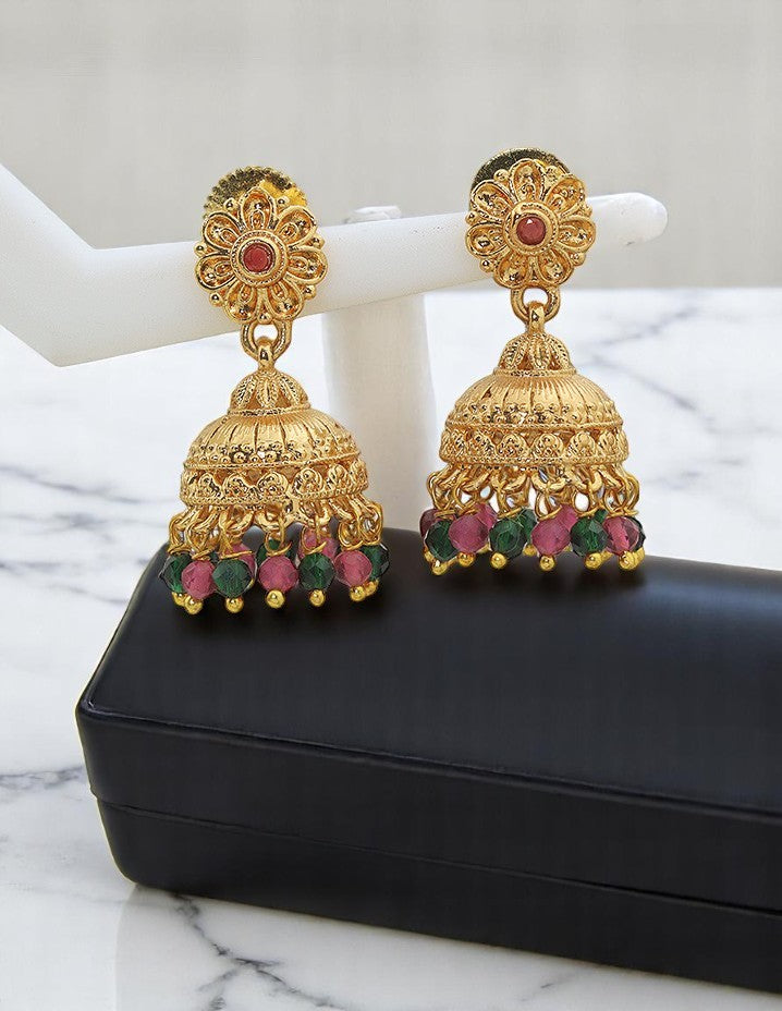 Designer Ruby and Emerald Jhumka Earrings