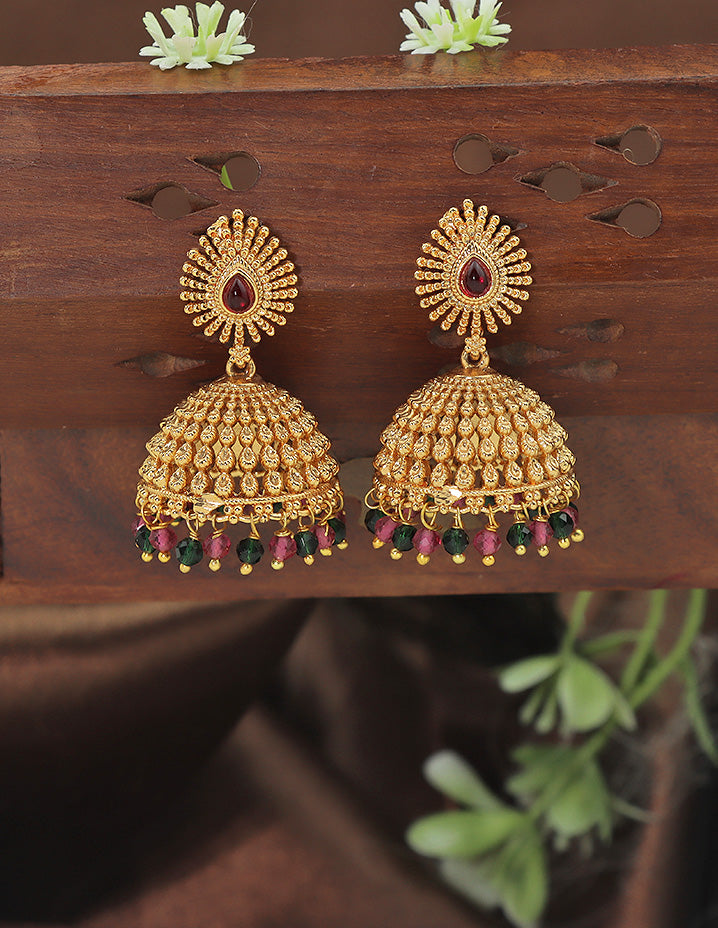 Designer Ruby and Emerald Jhumka Earrings