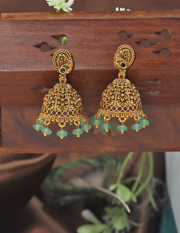 Designer Kempu Ruby and Emerald Jhumka Earrings