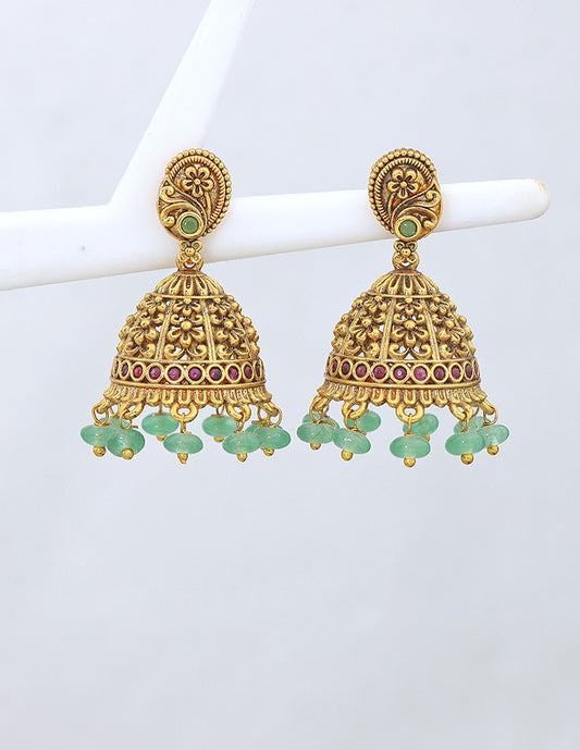 Designer Kempu Ruby and Emerald Jhumka Earrings