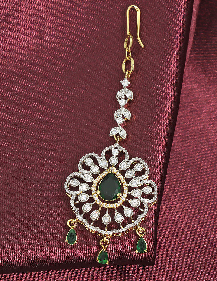Designer Gold Polish Zirconia Emerald Grace Maang Tikka