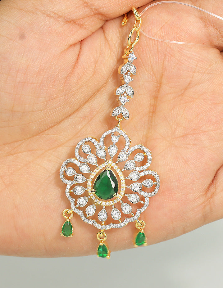 Designer Gold Polish Zirconia Emerald Grace Maang Tikka