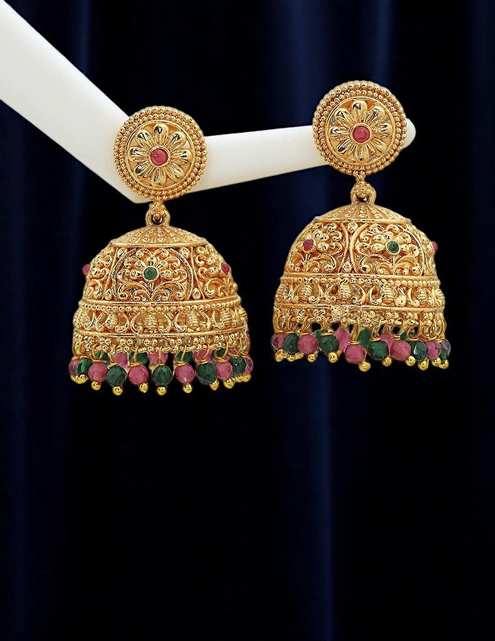 Designer Kempu Ruby and Emerald Jhumka Earrings