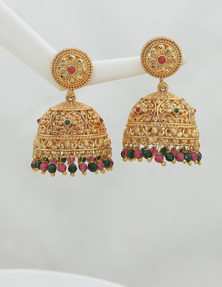 Designer Kempu Ruby and Emerald Jhumka Earrings