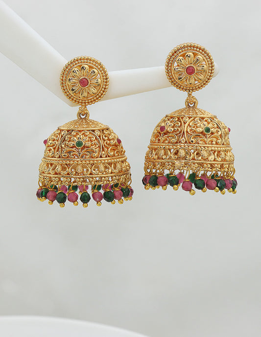 Designer Kempu Ruby and Emerald Jhumka Earrings