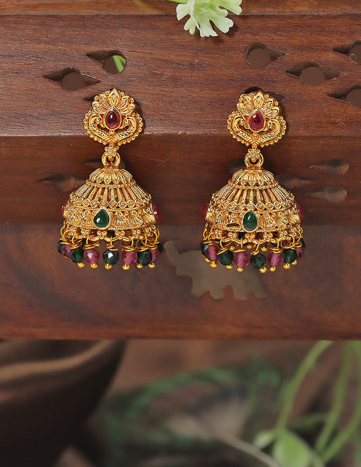 Designer Ruby and Emerald Jhumka Earrings