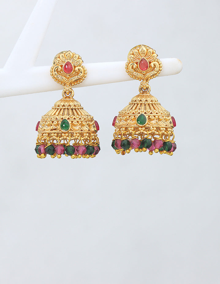 Designer Ruby and Emerald Jhumka Earrings