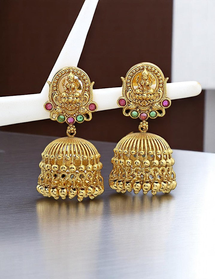 Designer Lakshmi Devi Ruby and Emerald Jhumka Earrings