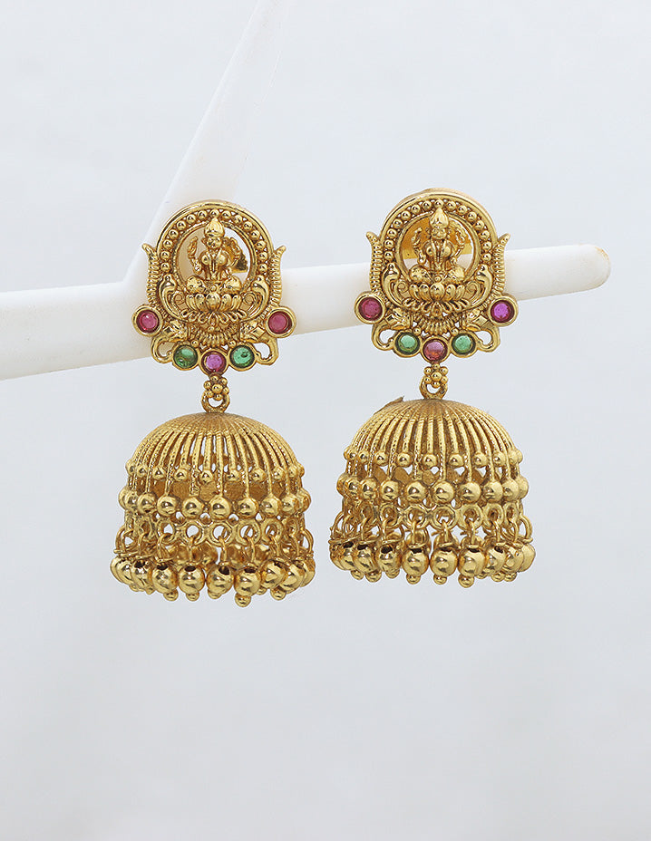 Designer Lakshmi Devi Ruby and Emerald Jhumka Earrings