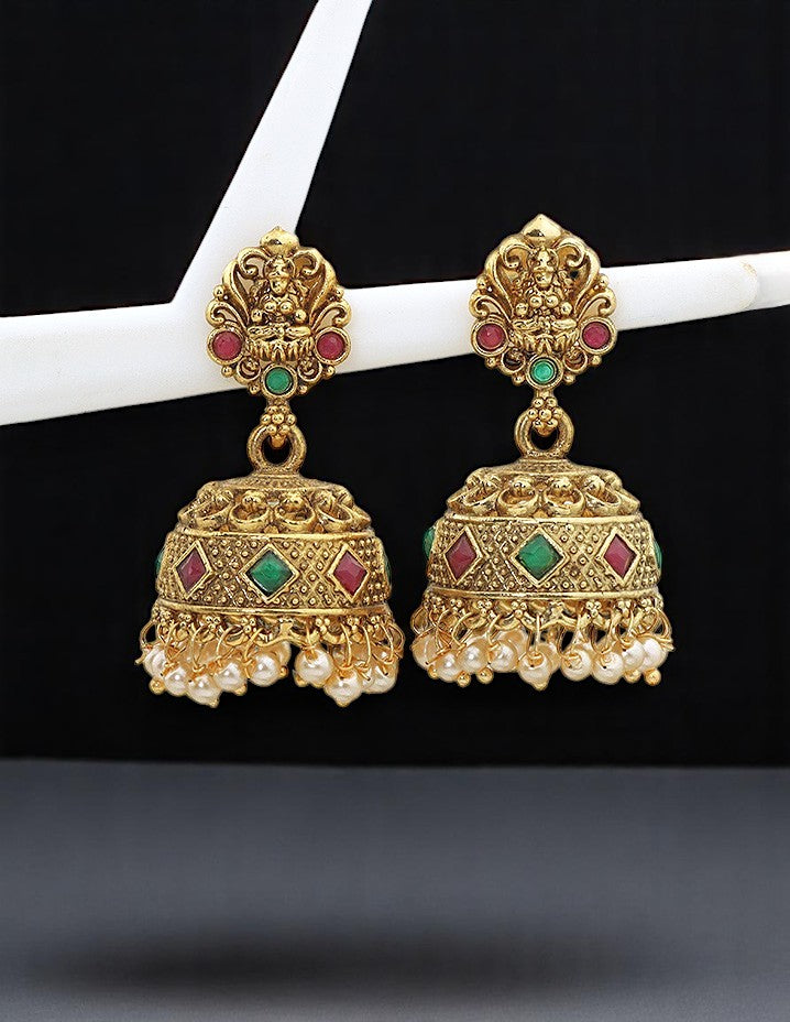 Designer Lakshmi Devi Ruby and Emerald Jhumka Earrings