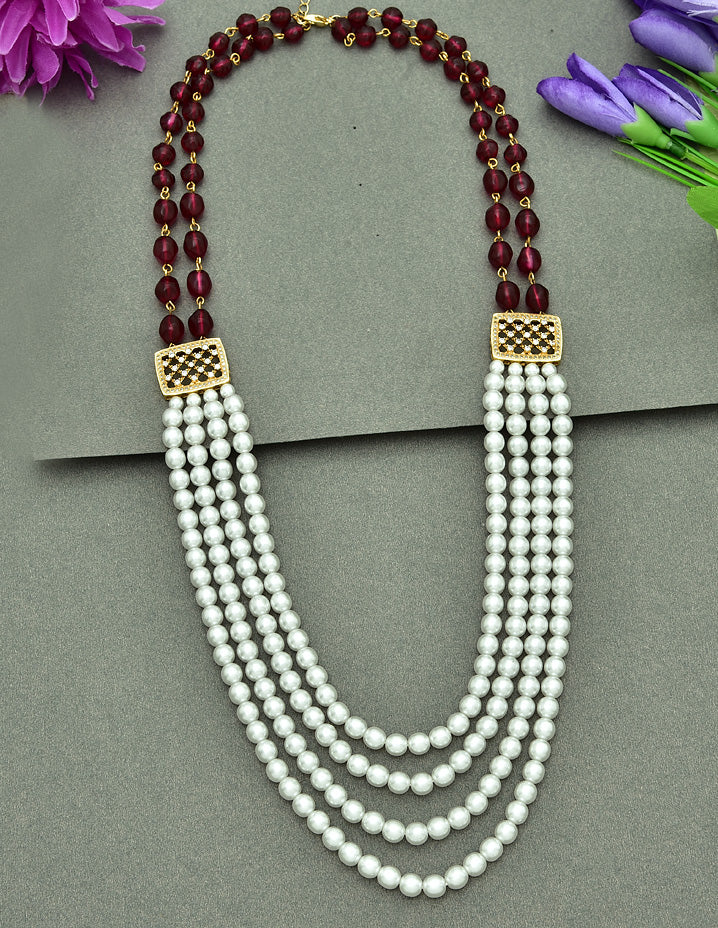 Pearls & Ruby Color Multilayered Beads Long Haaram
