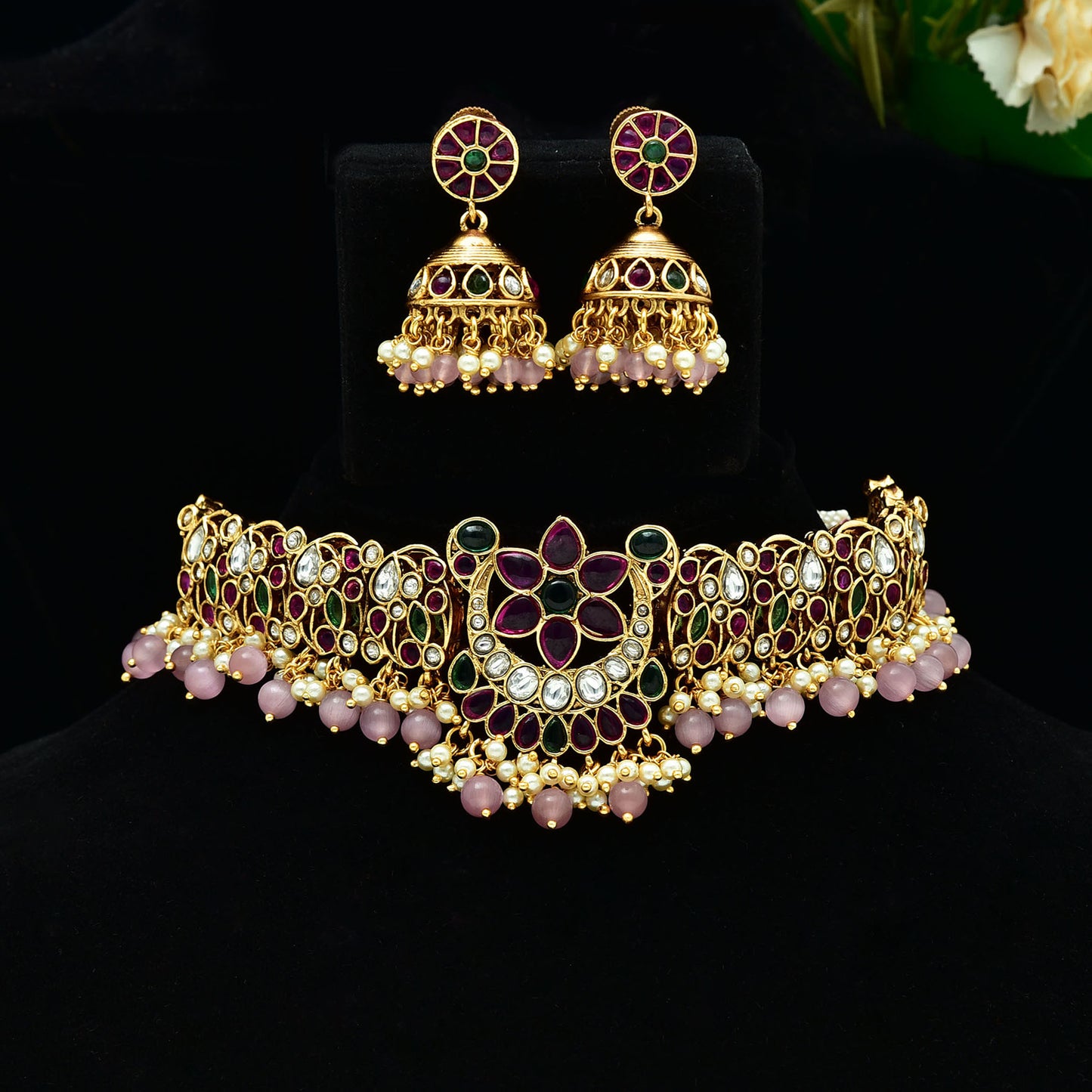 Antique Ruby And Emerald kemp Stones Choker Set