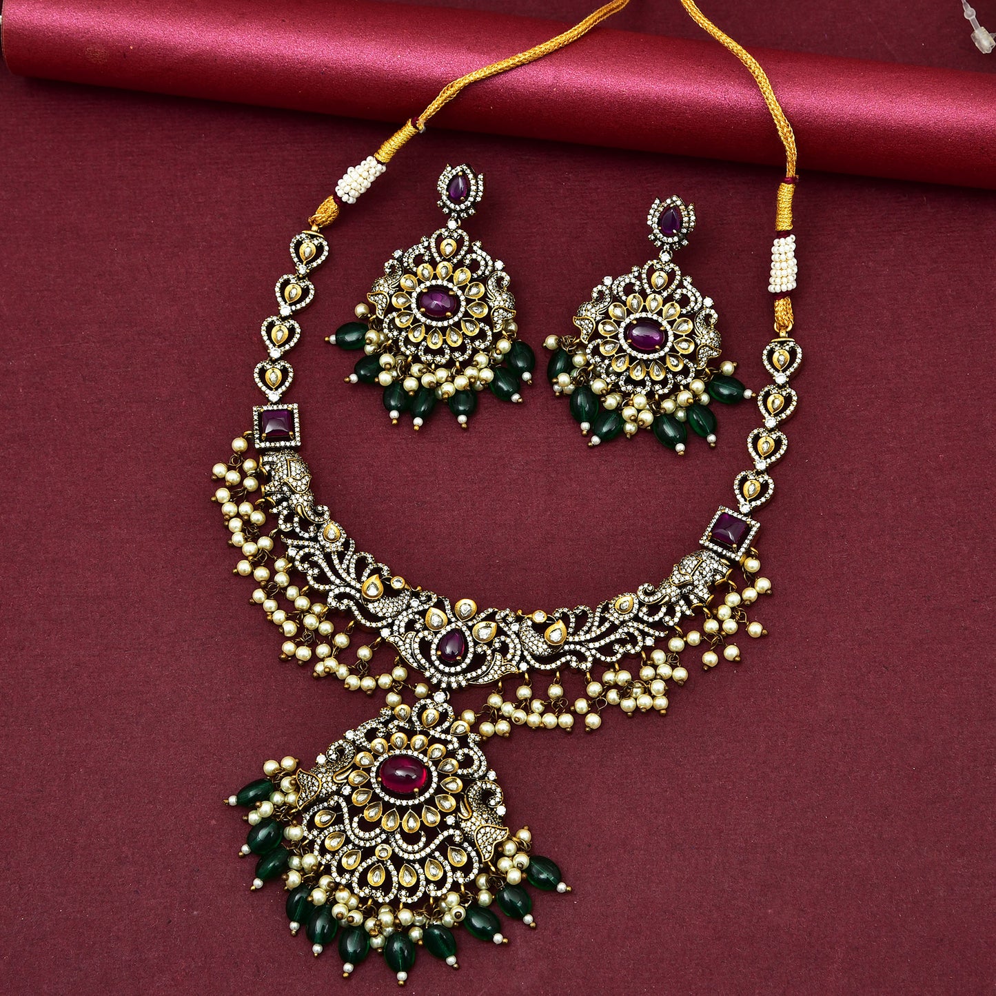 Zirconia Ruby And Emerald Stone Victorian Necklace Set