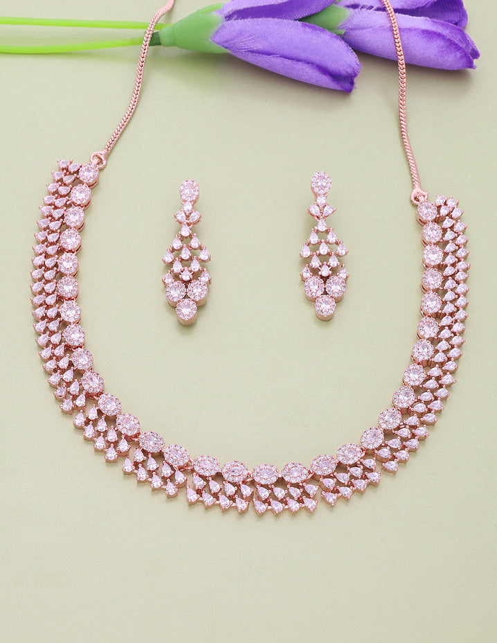 Rose Gold Polish Zirconia Necklace Set 128439