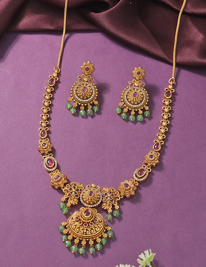 Designer Regal Temple Heritage Kempu Necklace Set