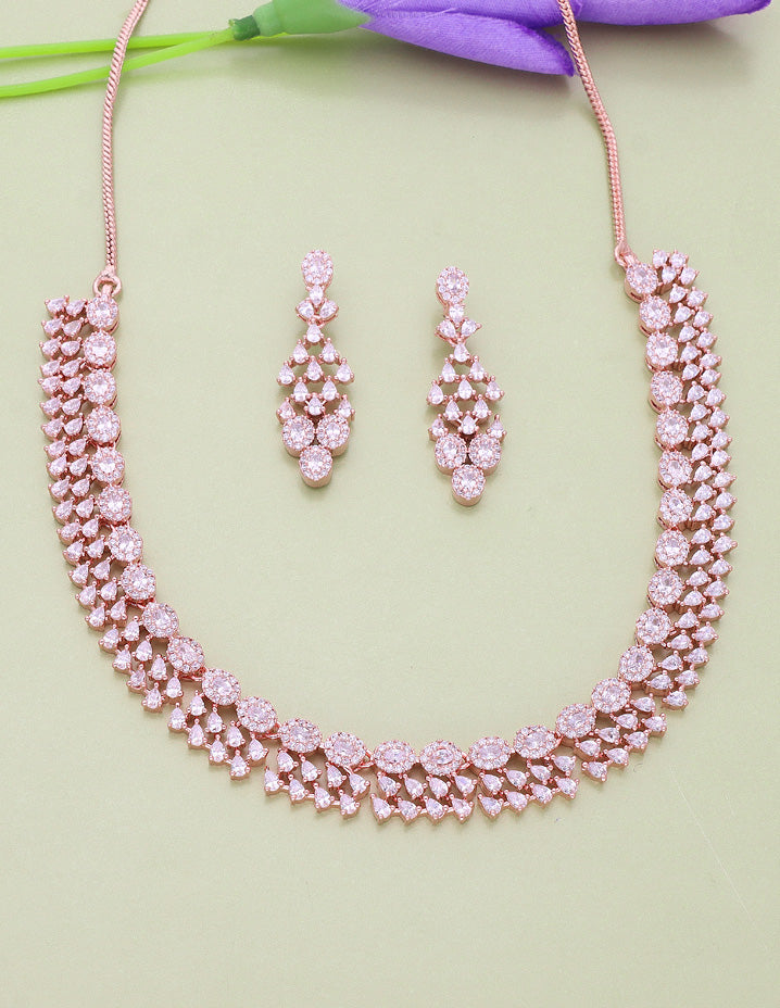 Rose Gold Polish Zirconia Necklace Set 128439