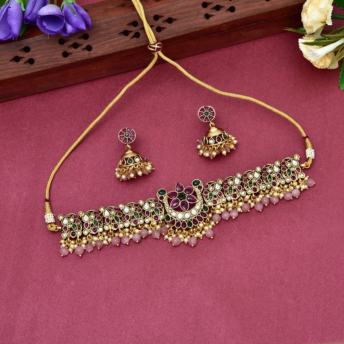 Antique Ruby And Emerald kemp Stones Choker Set