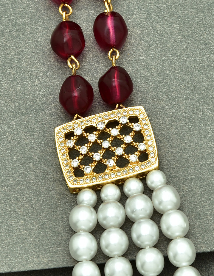 Pearls & Ruby Color Multilayered Beads Long Haaram