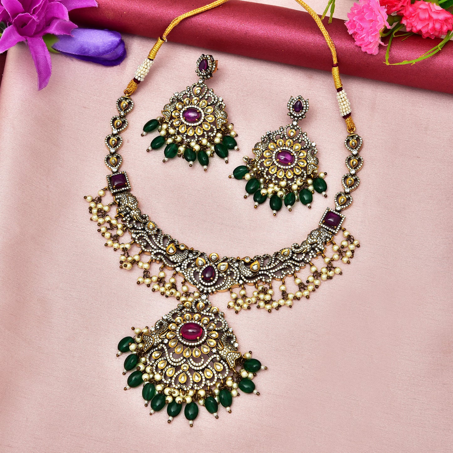 Zirconia Ruby And Emerald Stone Victorian Necklace Set