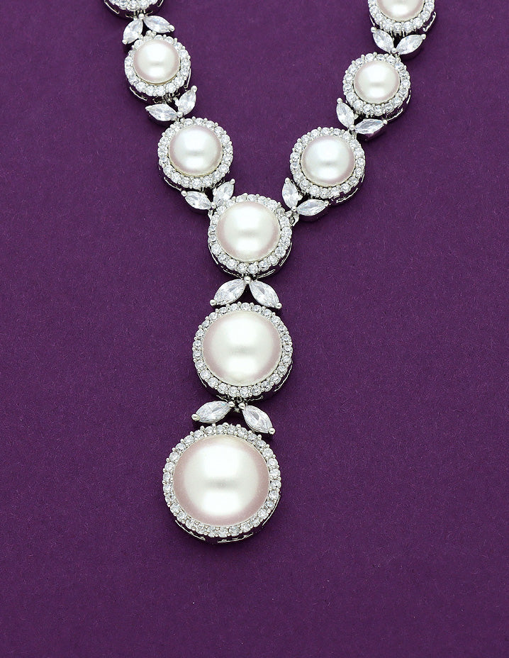 Designer Rhodhium Plated Zirconia Pearl Necklace Set