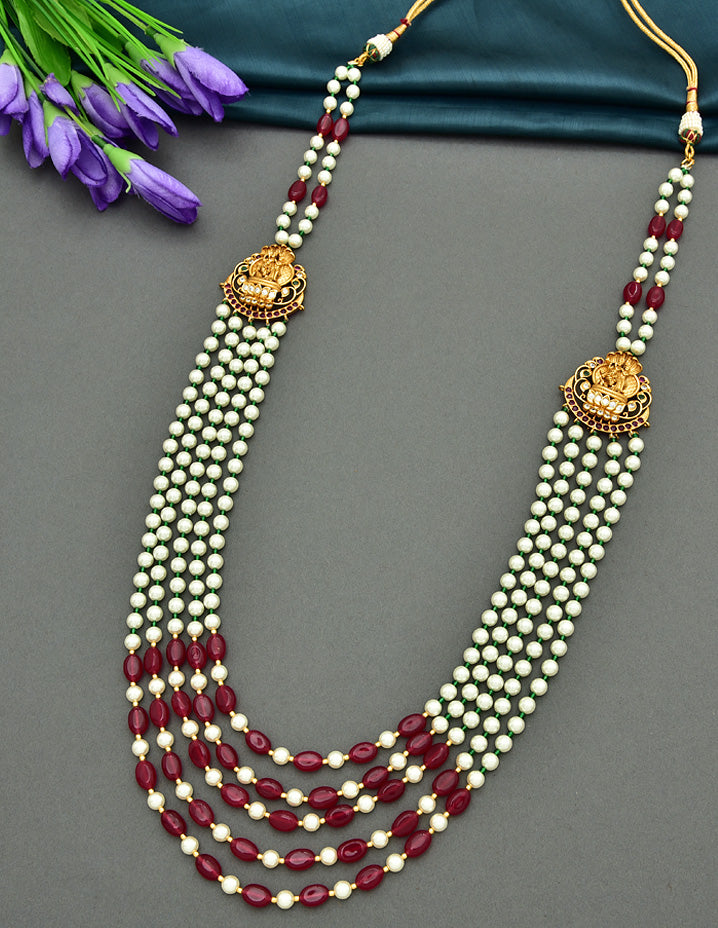 Multi-Line Pearl Beads Mala with Radha-Krishna Side Lockets