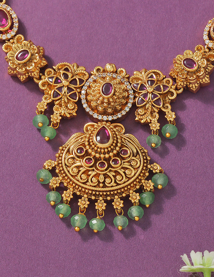 Designer Regal Temple Heritage Kempu Necklace Set