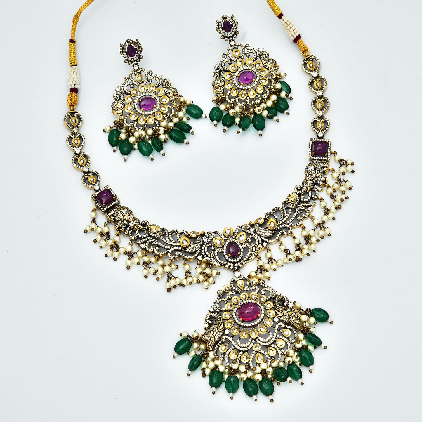 Zirconia Ruby And Emerald Stone Victorian Necklace Set
