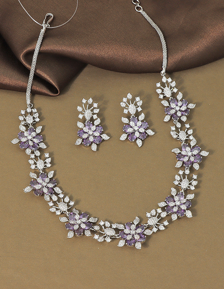 Designer Rhodium Polish Zirconia Floral Necklace Set