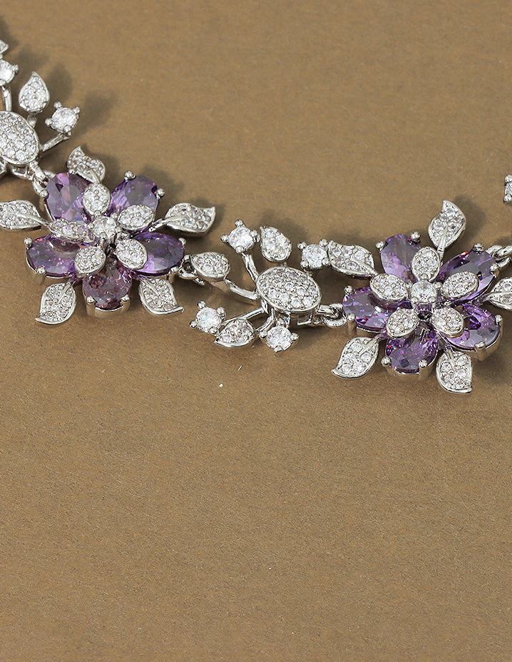 Designer Rhodium Polish Zirconia Floral Necklace Set