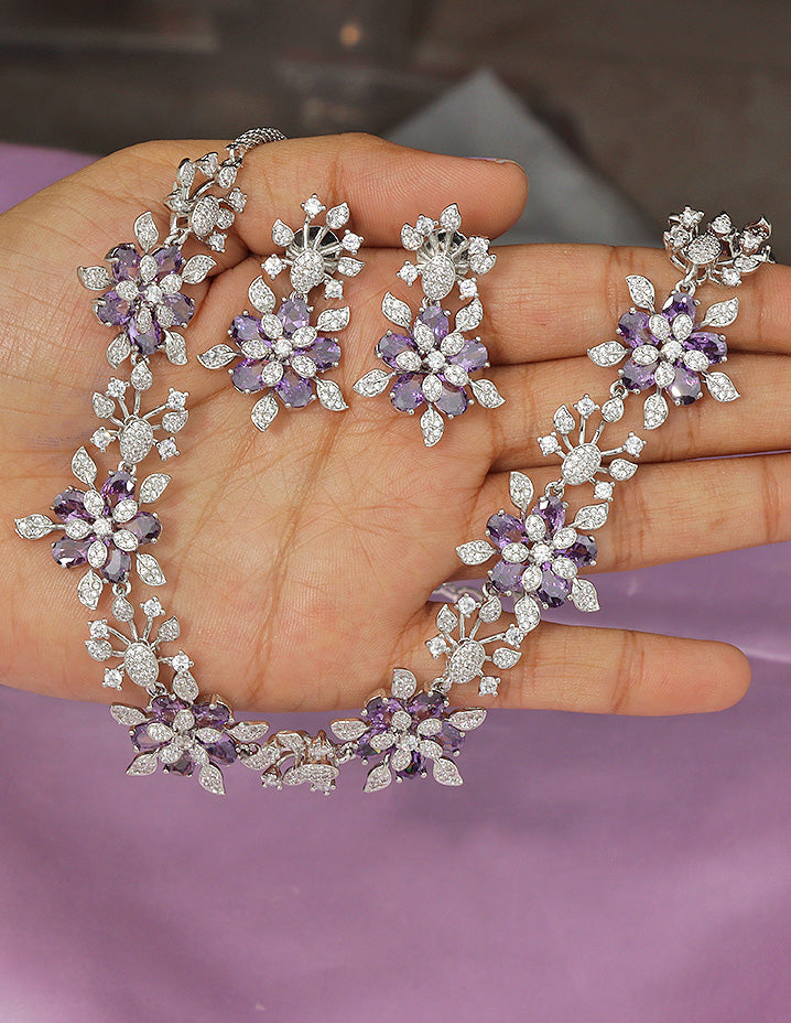 Designer Rhodium Polish Zirconia Floral Necklace Set