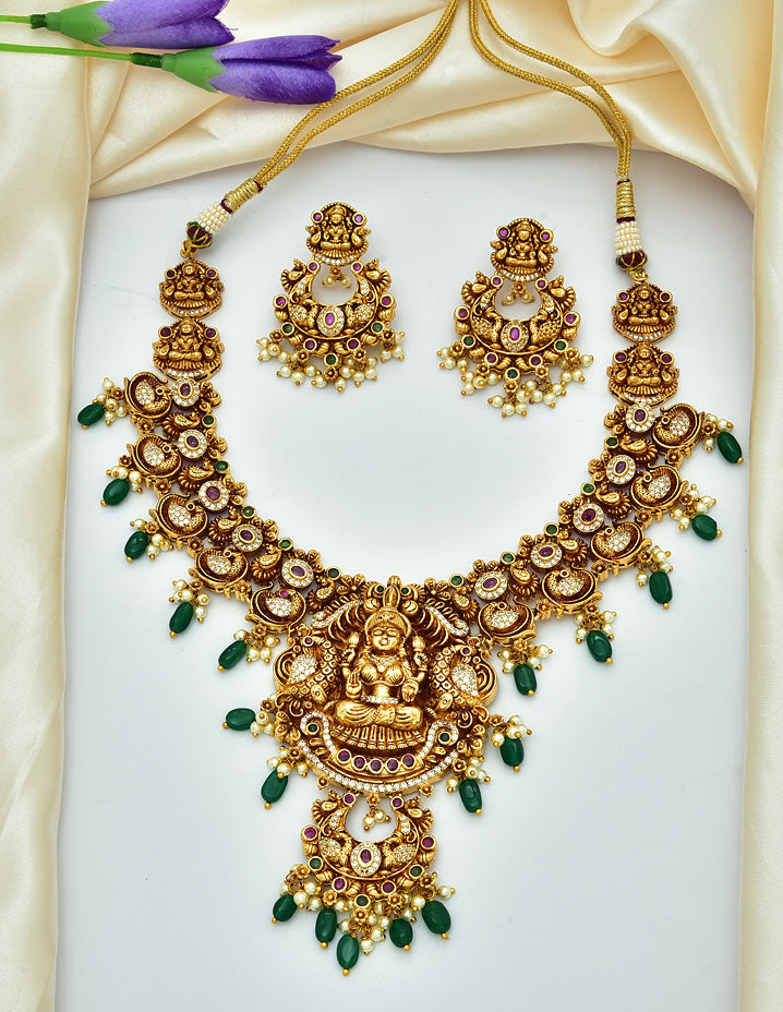 Antique Lakshmi Devi Pattern Necklace Set Violet & Purple Designer