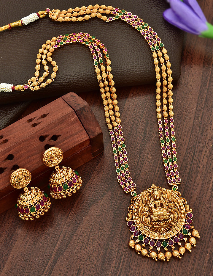 Antique Lakshmi Devi Long With 3 layered Haaram