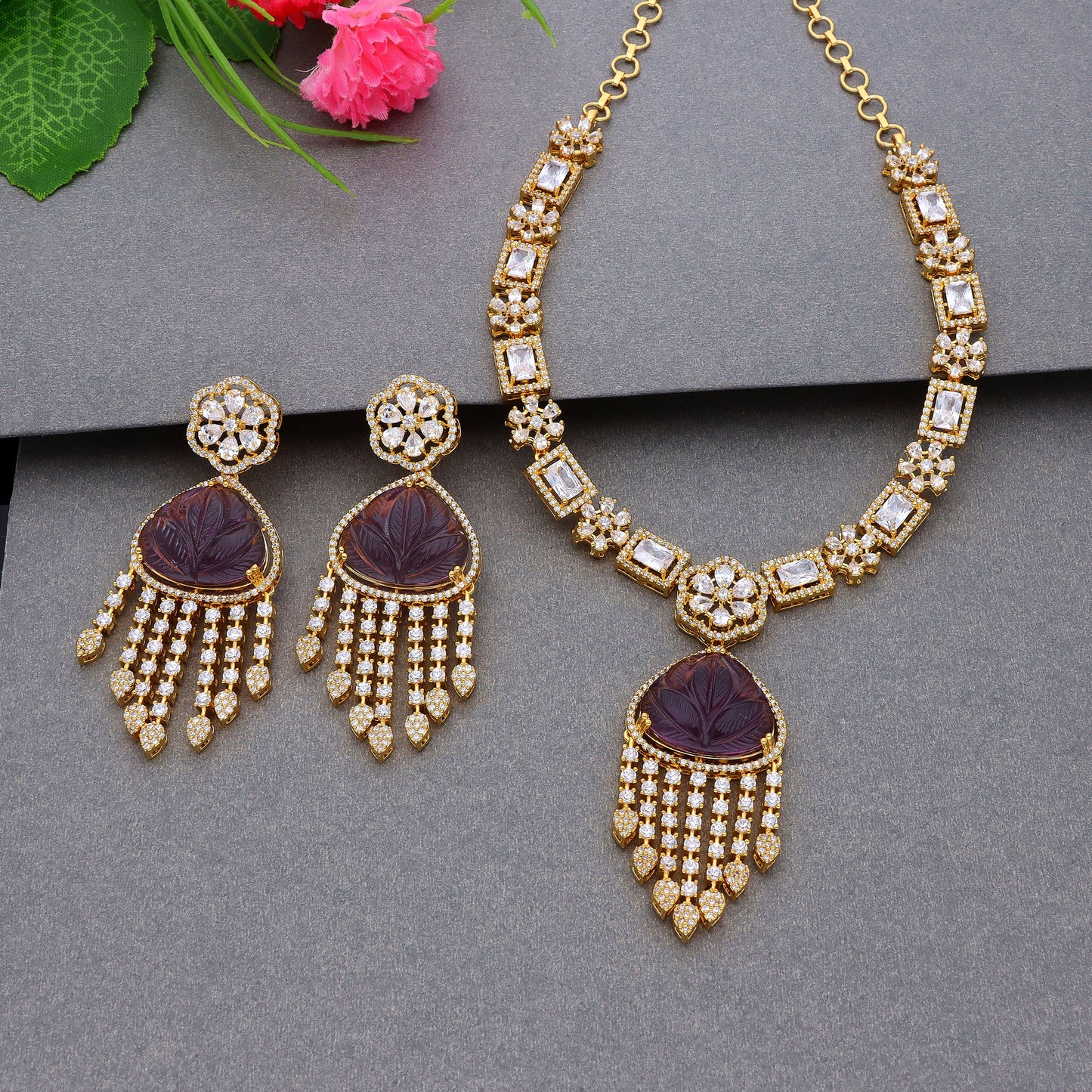 Zirconia Maroon Color Mossanite Stone Necklace Set