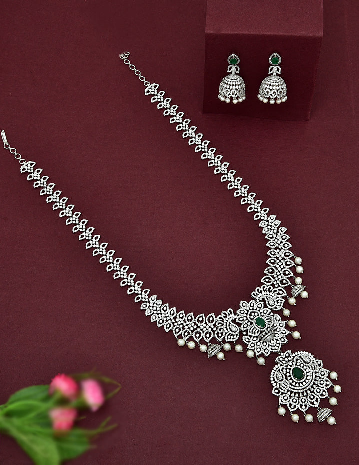 Zircon Rhodium Polish Emerald Stone Long Haaram